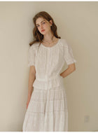 Women's 100% Cotton Embroidered Two-Piece Set | White Puff Sleeve Blouse & Tiered Skirt
