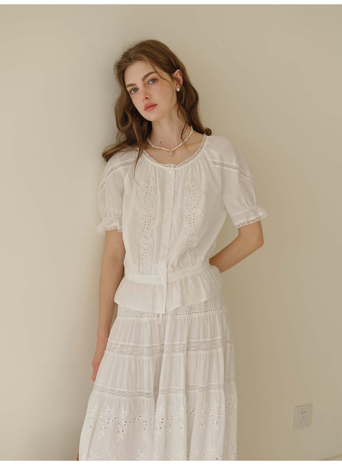 Women's 100% Cotton Embroidered Two-Piece Set | White Puff Sleeve Blouse & Tiered Skirt