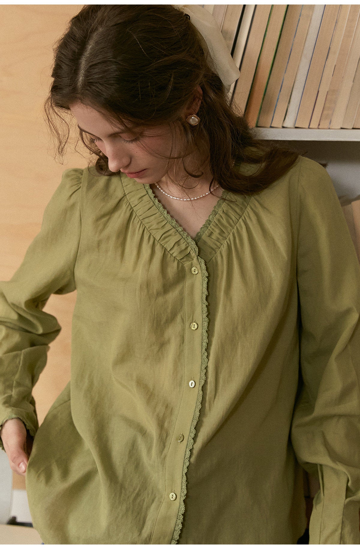 French Ruffled V-Neck Lyocell Linen Blouse