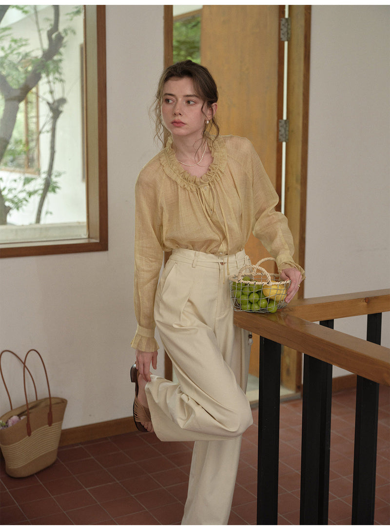 French Ruffle Neck Tencel Linen Long Sleeve Blouse