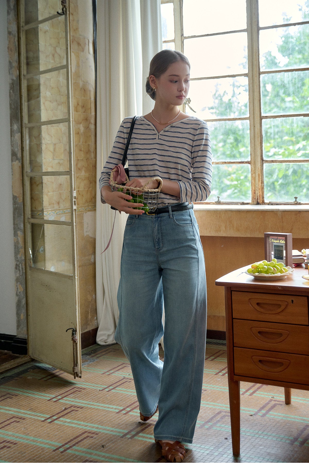 French Striped Henley Neck Lyocell T-Shirt