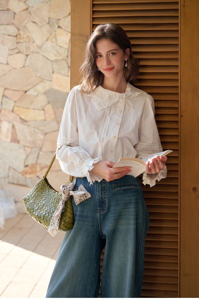 French Style Embroidered Cotton Lyocell Blouse Women Asymmetric Bow Collar Shirt