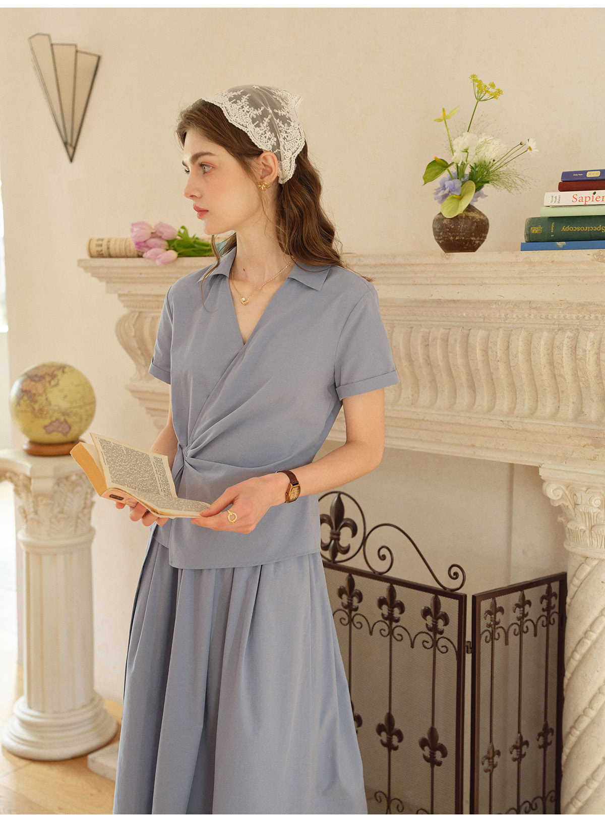 French Linen Blend Wrap Top & Midi Skirt Two-Piece Set - Blue