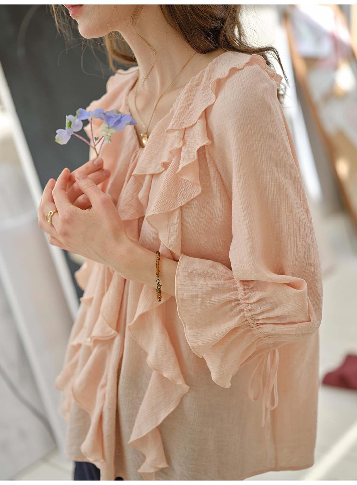 French Style Irregular Ruffle Chiffon Blouse Women 3/4 Sleeve Summer Casual Top