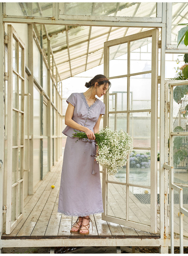 French Linen Cotton Lace V-Neck Two-Piece Set