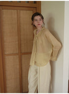 French Ruffle Neck Tencel Linen Long Sleeve Blouse