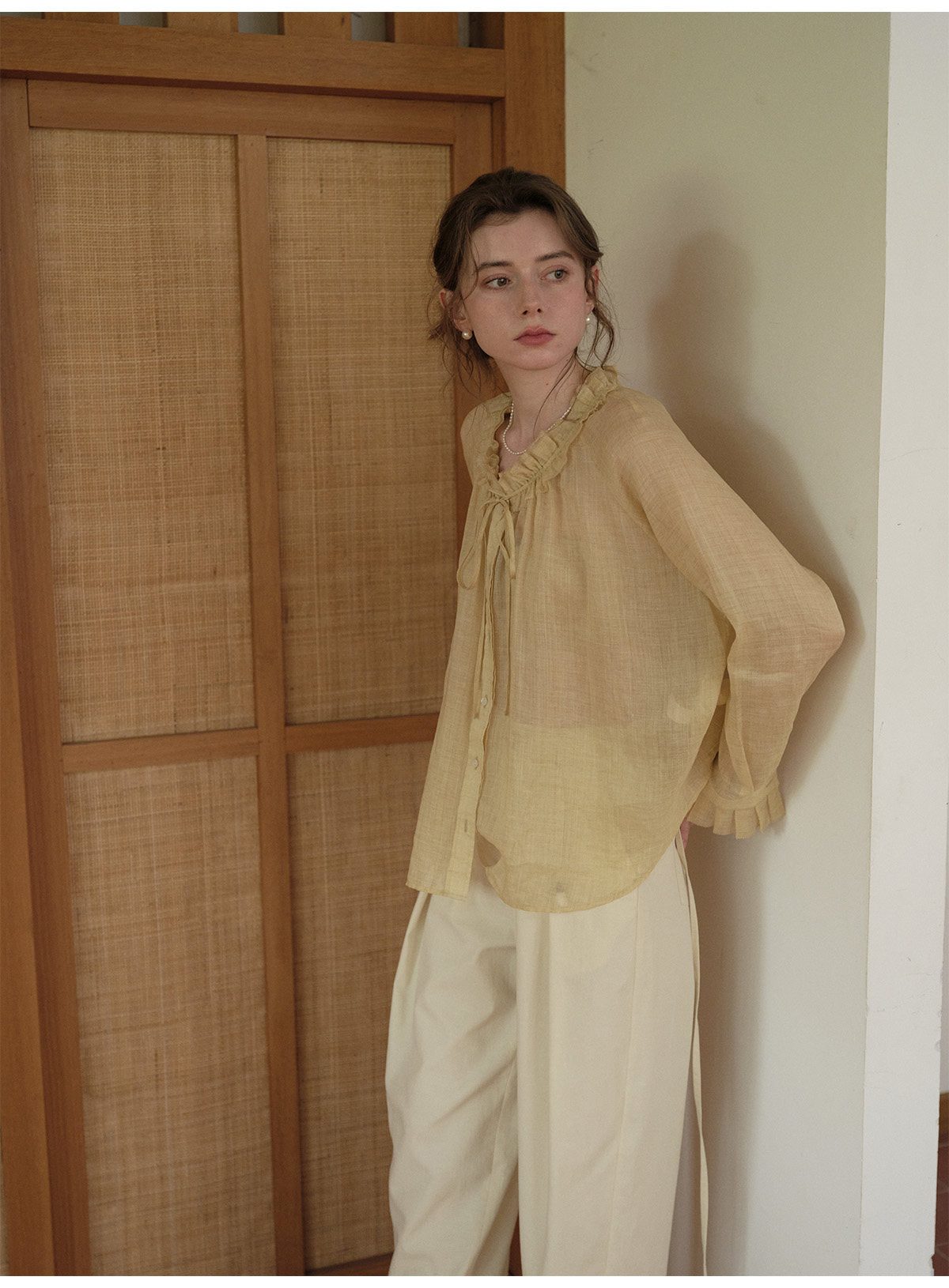 French Ruffle Neck Tencel Linen Long Sleeve Blouse