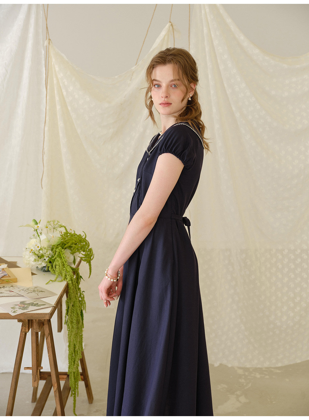 French Sailor Collar Lyocell Linen A-Line Midi Dress