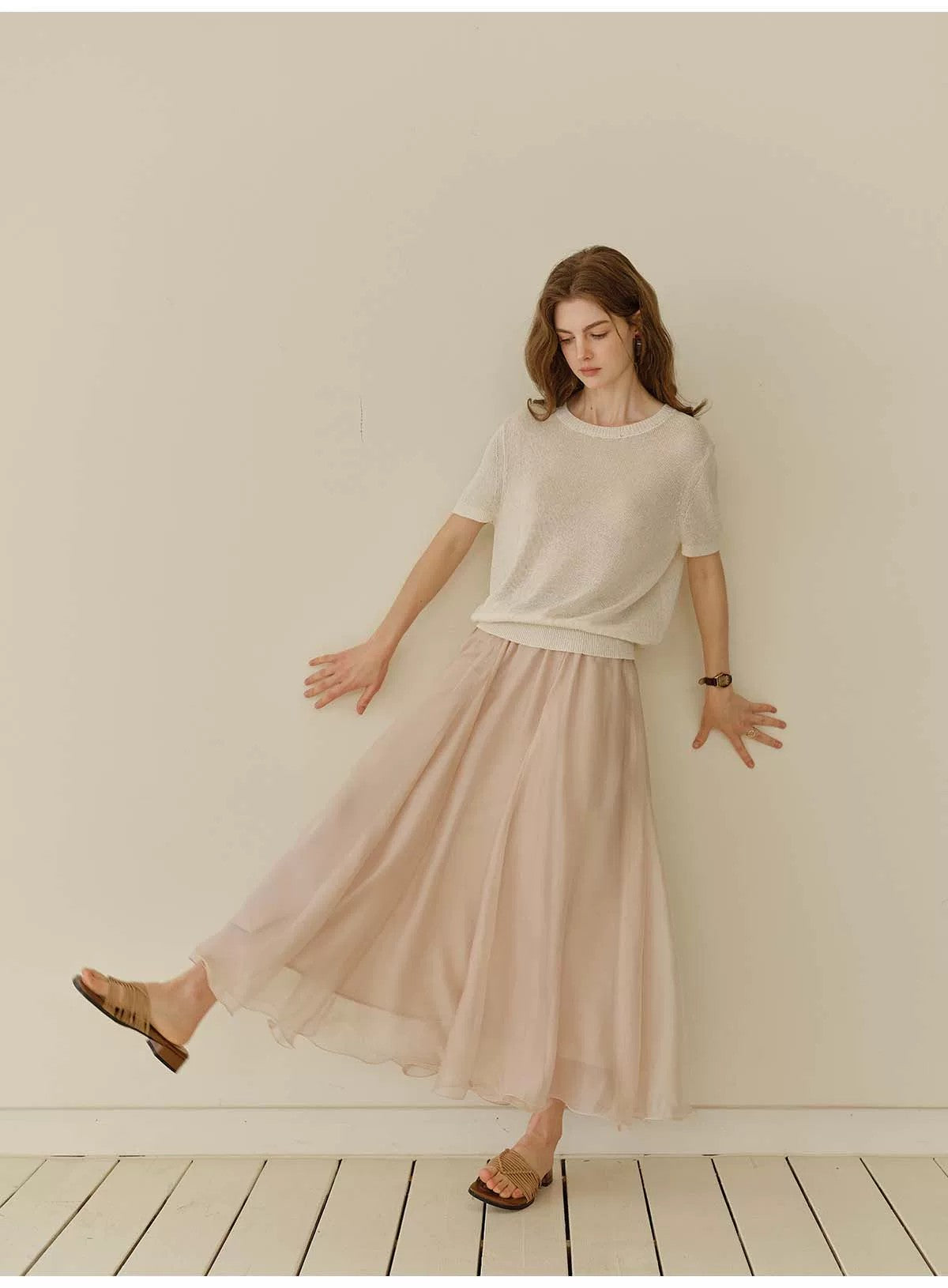 French Style Flowy Chiffon Maxi Skirt Women A-Line Ruffle Hem Long Skirt