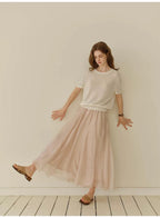 Nude Chiffon Flowy Maxi Skirt, Korean Style Elegant High Waist A-Line Long Skirt