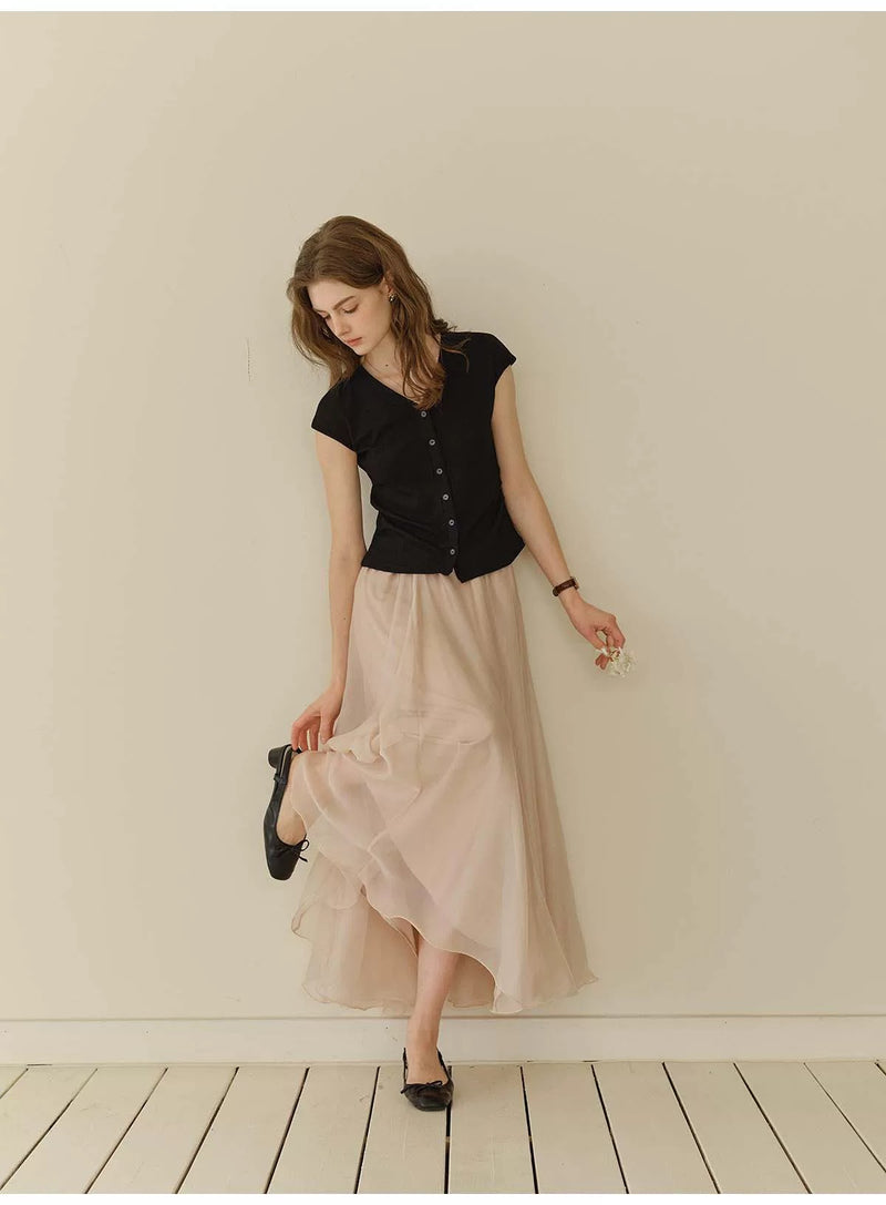 French Style Flowy Chiffon Maxi Skirt Women A-Line Ruffle Hem Long Skirt