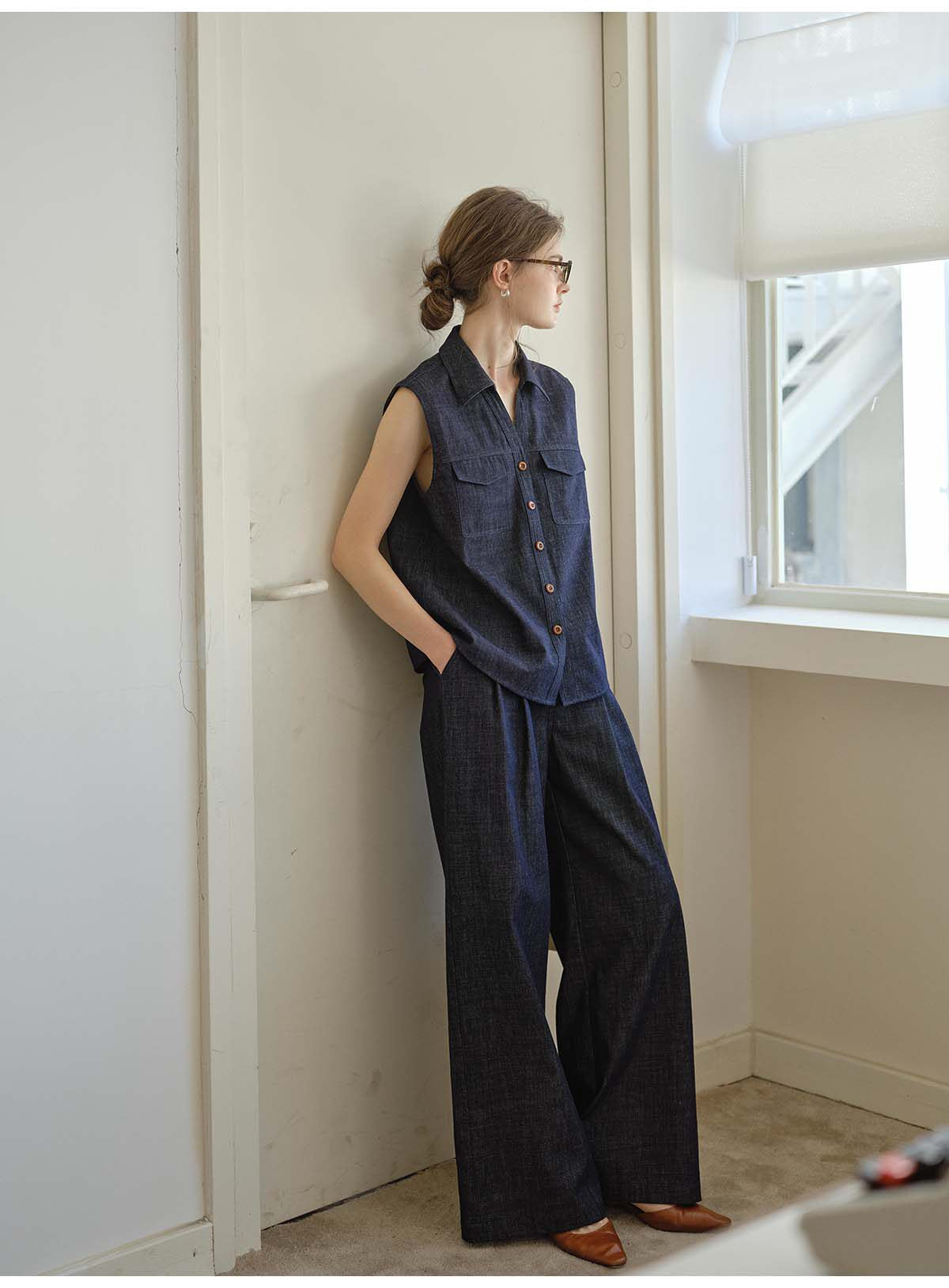Tencel Linen Denim Sleeveless Button-Down Vest Shirt