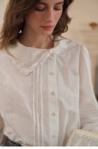 French Style Embroidered Cotton Lyocell Blouse Women Asymmetric Bow Collar Shirt