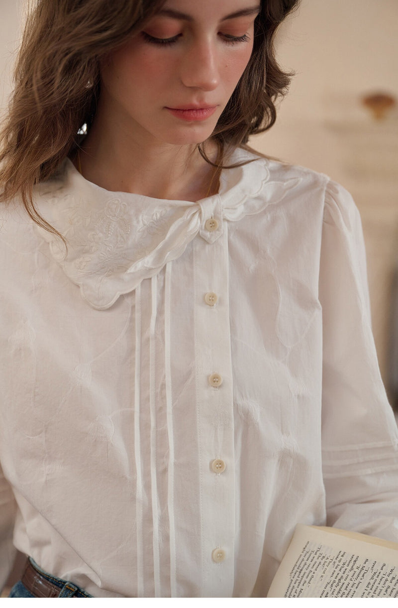 French Style Embroidered Cotton Lyocell Blouse Women Asymmetric Bow Collar Shirt