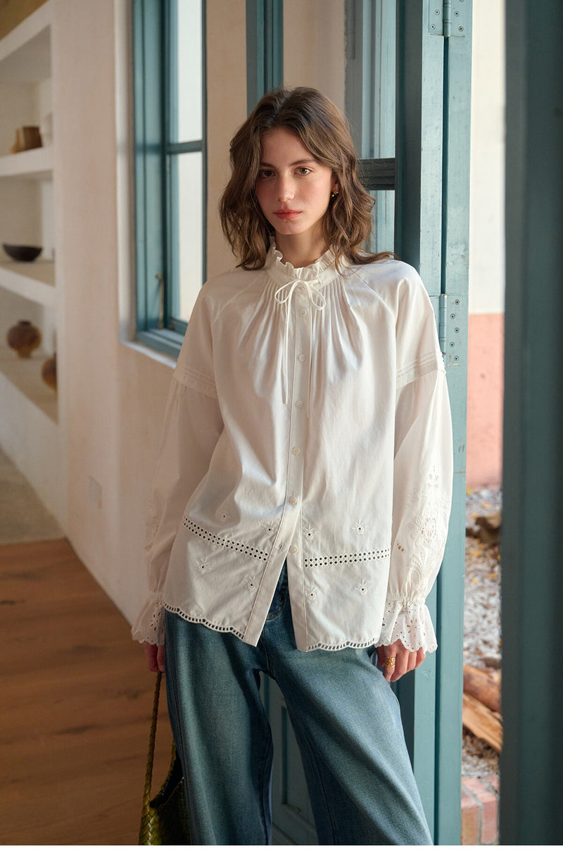 Women's French Tencel Cotton Lace Blouse | Ruffle Neck Tie Shirt