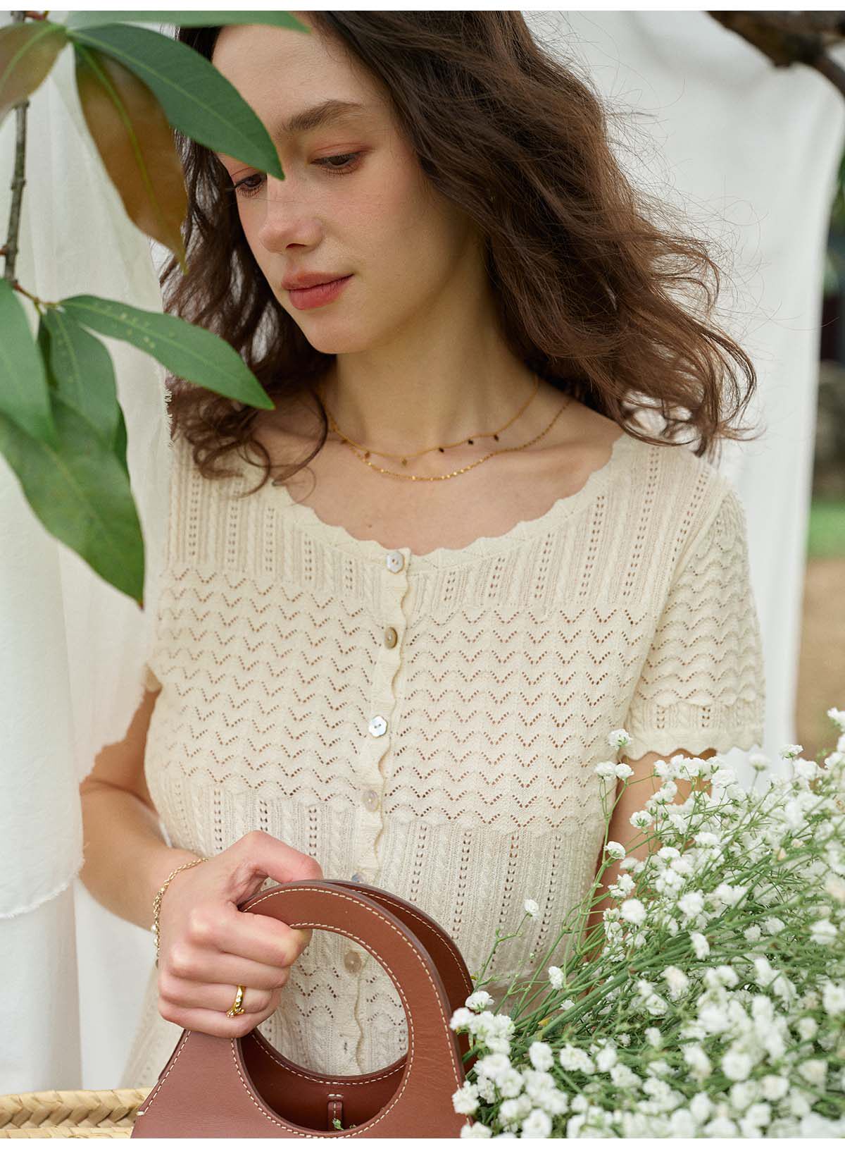 French Style Hollow Knit Short Sleeve Cardigan, Linen-Look Breathable Top, 2 Colors
