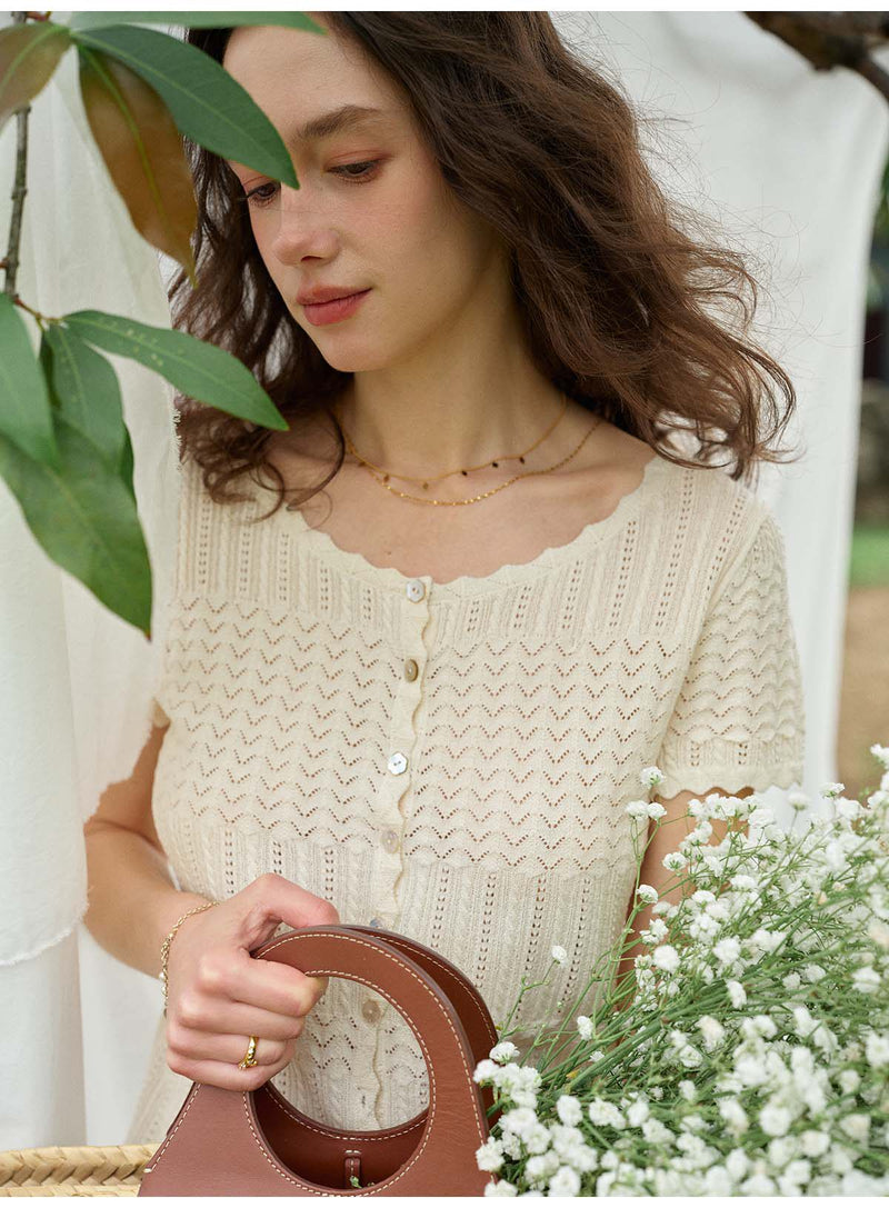 French Style Hollow Knit Short Sleeve Cardigan, Linen-Look Breathable Top, 2 Colors