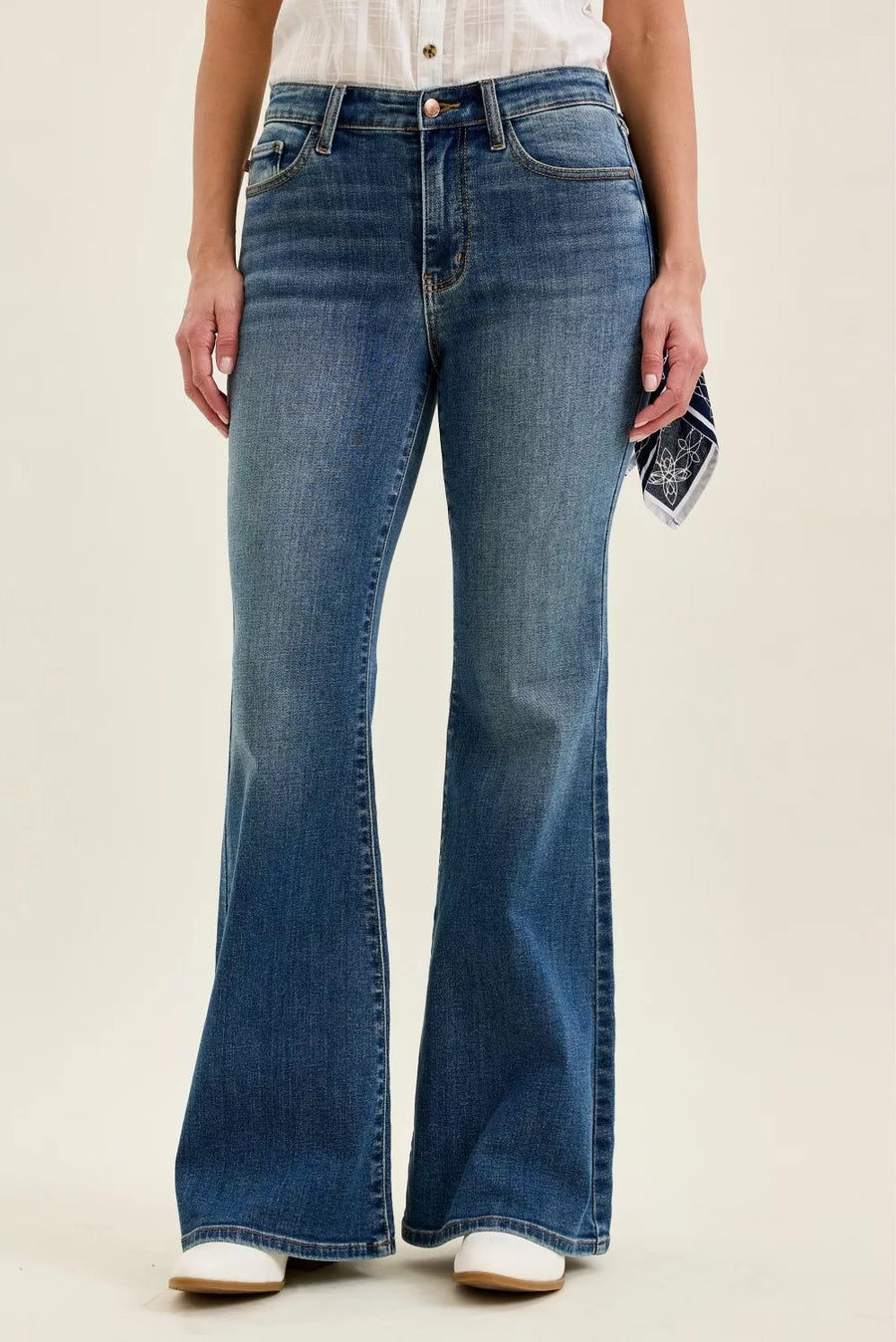 Blue Mid Rise Jaqueline Flare with Triple Needle Back Pkts and Bandana Loop