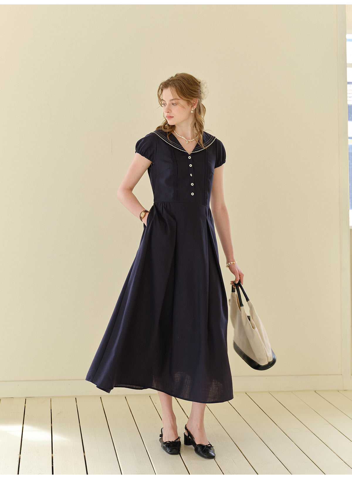 French Sailor Collar Lyocell Linen A-Line Midi Dress