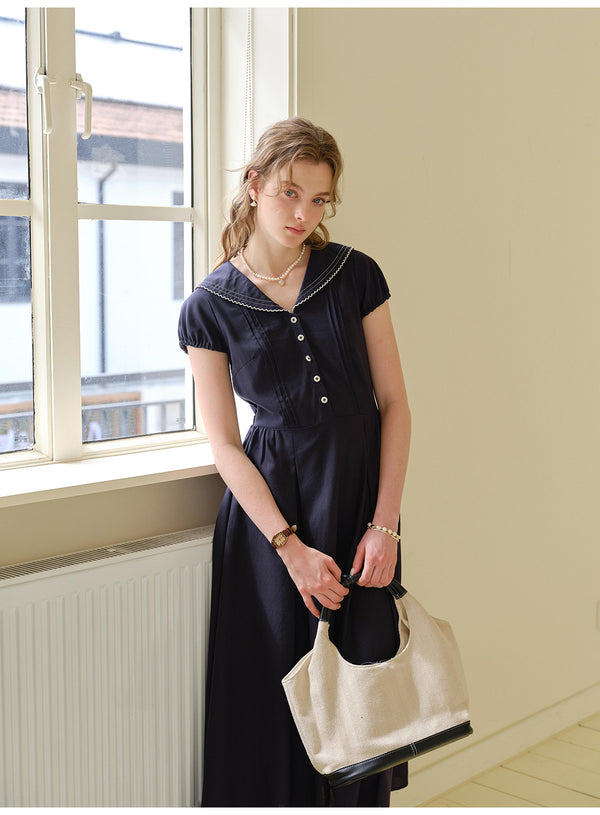 French Sailor Collar Lyocell Linen A-Line Midi Dress