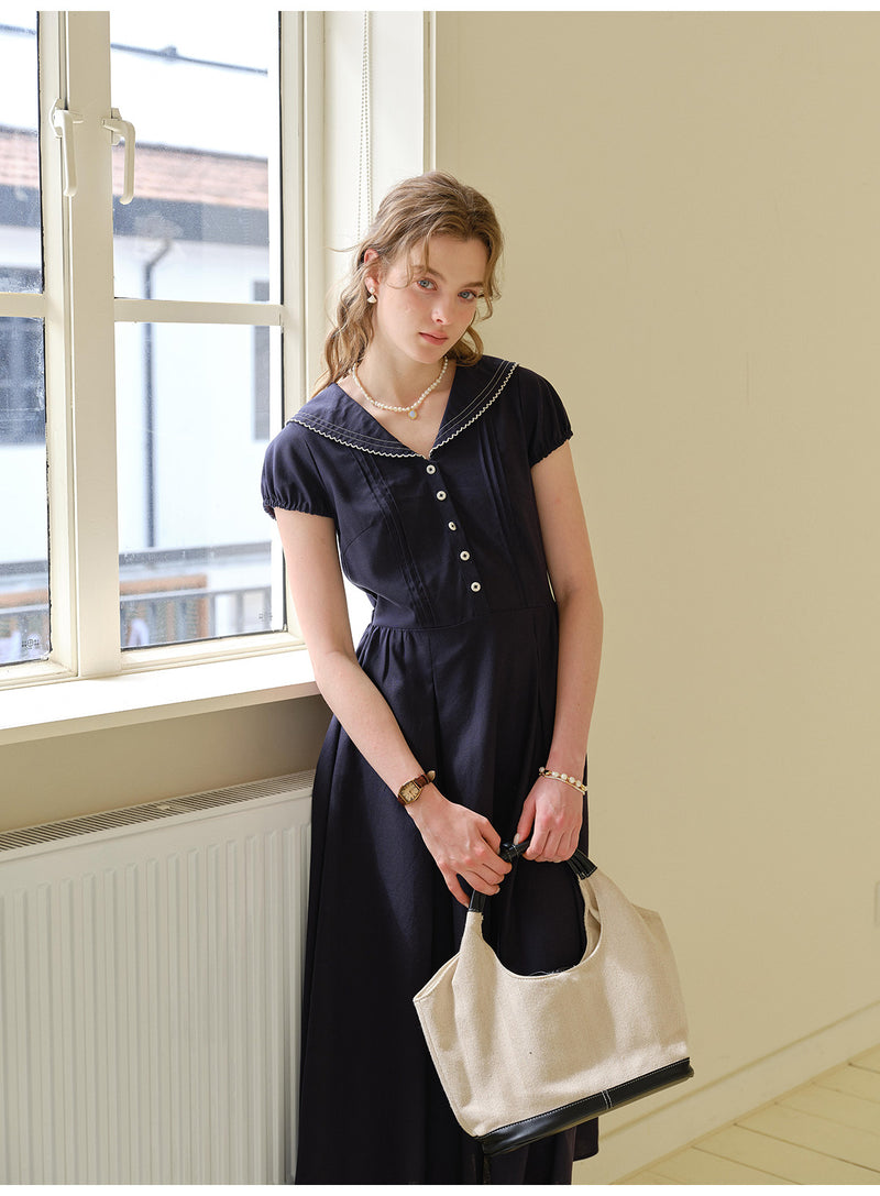 French Sailor Collar Lyocell Linen A-Line Midi Dress