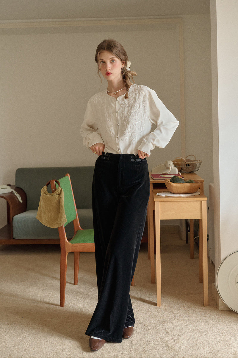 French Embroidered Crew Neck Blouse
