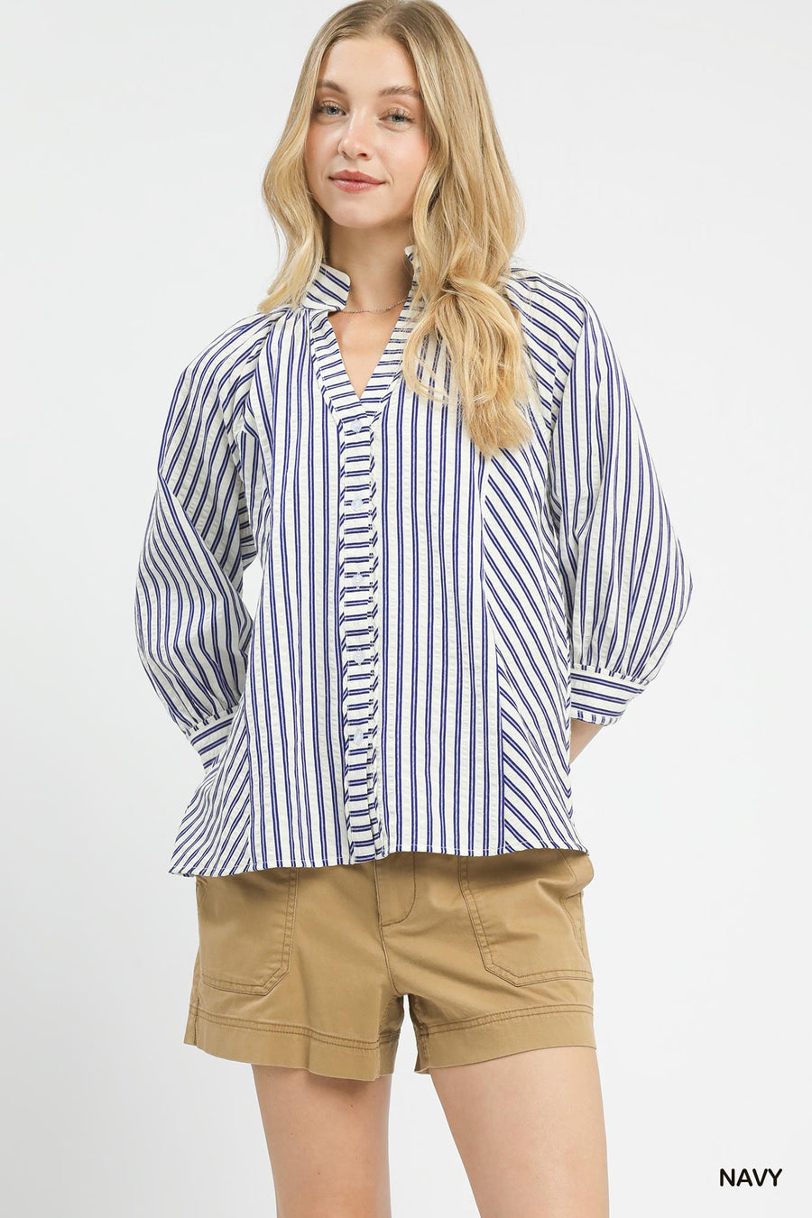 Striped V-Neck Button Down Top