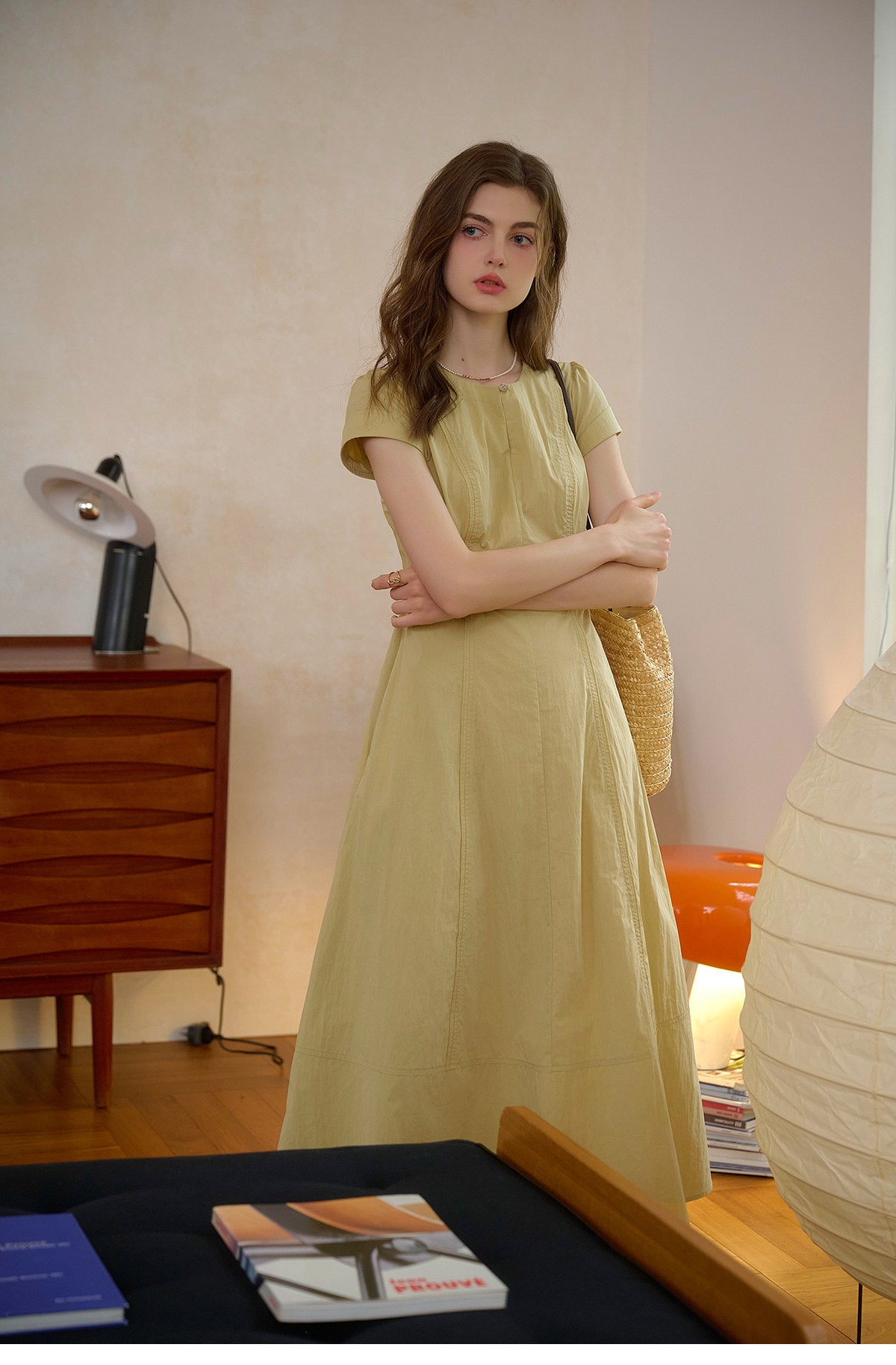 Women's Cotton Nylon Blend Midi Dress | Short Sleeve Yellow Casual Dress