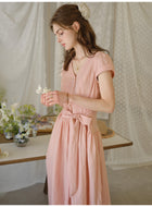 Women's Lyocell Blend V-Neck Midi Dress | French Style Belted Waist Short Sleeve Summer Dress