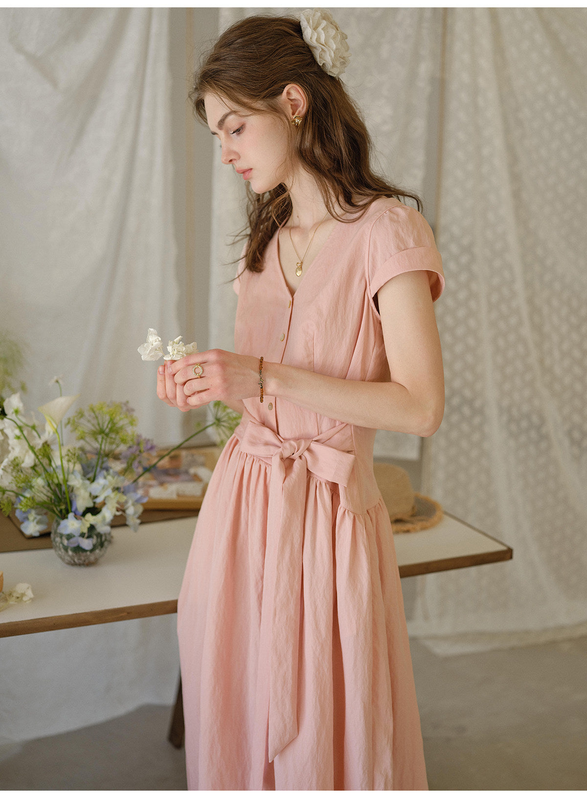 Women's Lyocell Blend V-Neck Midi Dress | French Style Belted Waist Short Sleeve Summer Dress