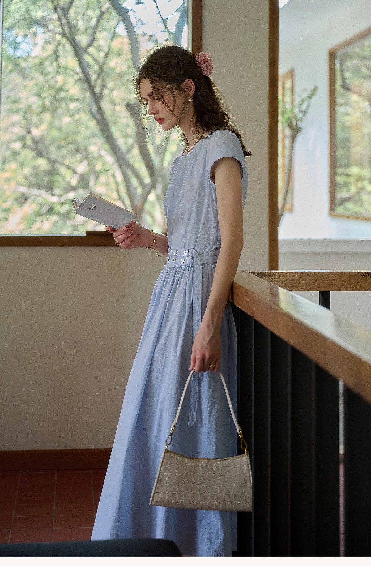 Women's Cotton Blend Belted Midi Dress | Casual A-Line Short Sleeve Summer Dress