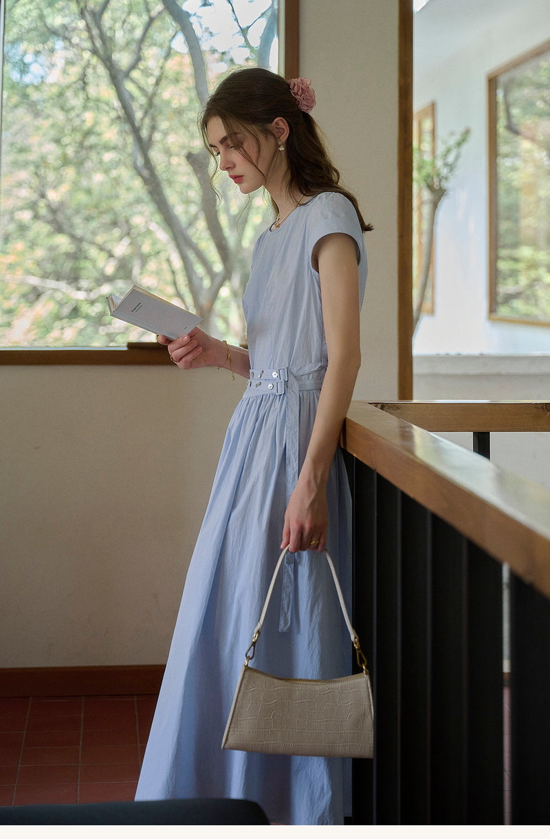 Women's Cotton Blend Belted Midi Dress | Casual A-Line Short Sleeve Summer Dress