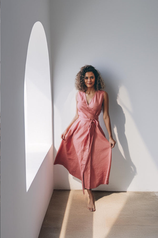 Wrap Linen Dress with Tie Waist, Sleeveless Linen Midi Length, Boho Clothing