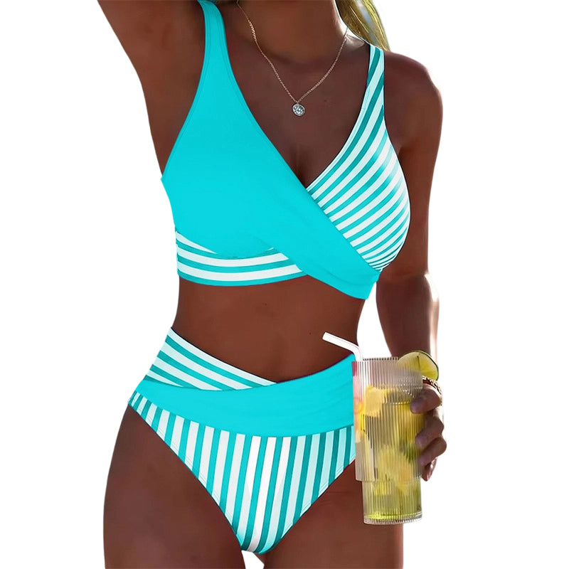 🏖️Summer Hot Sale !!⚡50K+ SOLD!🌞🌊Two-Piece Color Block & Stripe Bikini Swimsuit